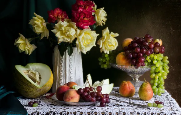 Roses, grapes, pear, fruit, still life, peach, melon