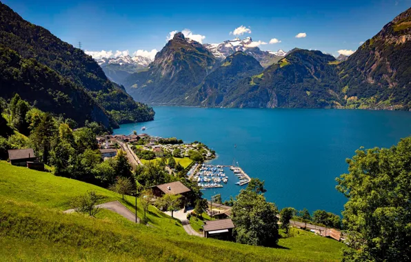 Mountains, lake, Switzerland, village, Alps, panorama, Switzerland, Alps