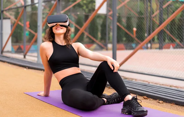 Woman, smiling, yoga, Tracksuit, vr-headset