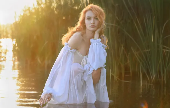 Picture look, water, girl, pose, hands, dress, reed, red