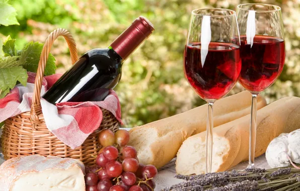 Wine, cheese, glasses, bread, grapes, picnic, France