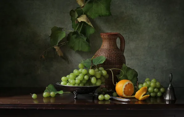 The dark background, table, orange, grapes, bunch, pitcher, still life, vine