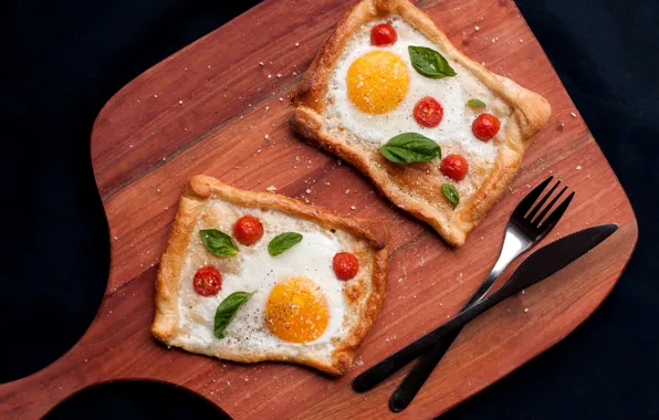 Knife, plug, scrambled eggs, tomatoes, spices, the dough, design, Basil