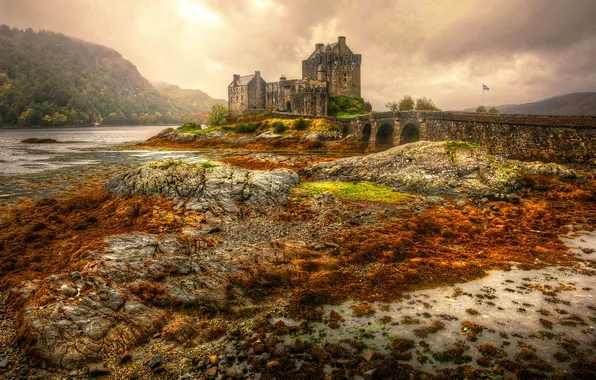 Autumn, mountains, bridge, castle, shore, pond