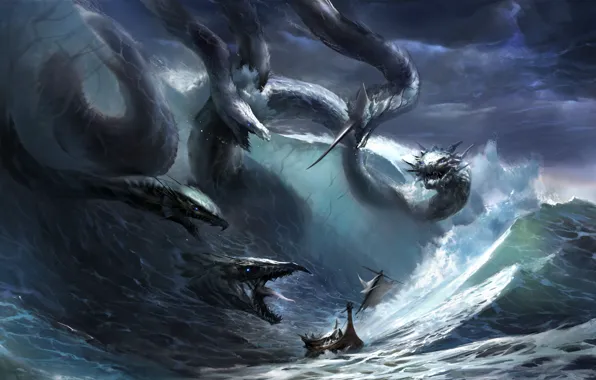 Wave, storm, fantasy, the ocean, danger, ship, the situation, art