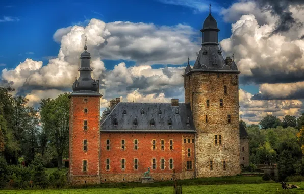 Greens, the sky, grass, clouds, trees, castle, lawn, HDR