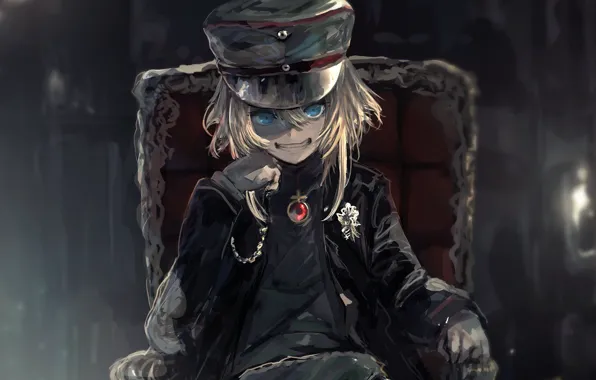 Kawaii, girl, blood, soldier, military, war, anime, chair