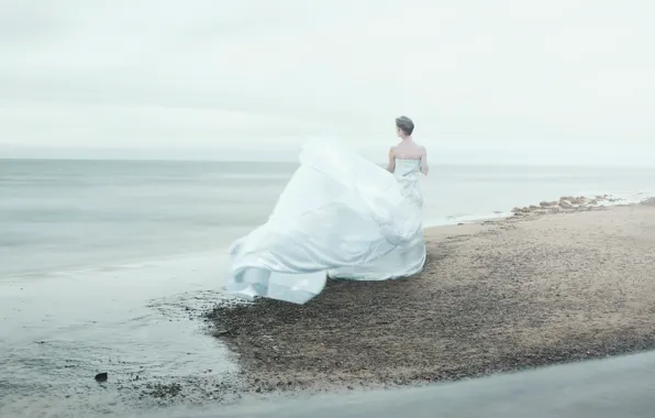 Sea, girl, mood, the wind, white, shore, morning, dress