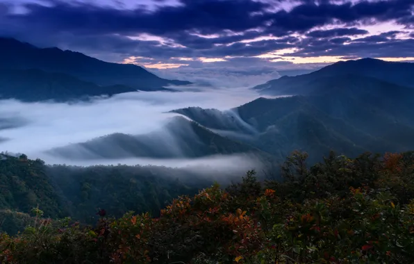 Autumn, leaves, clouds, mountains, night, clouds, fog, open