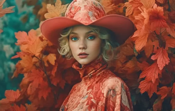 Autumn, look, leaves, girl, branches, foliage, hat, dress