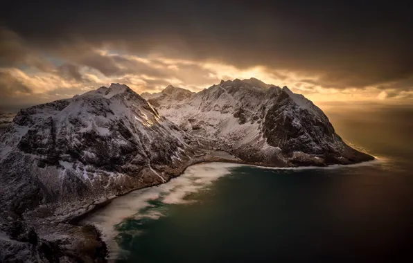 Winter, sea, snow, mountains, clouds, coast, Norway, panorama