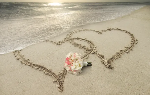 Sand, sea, flowers, nature, tropics, coast, bouquet, heart