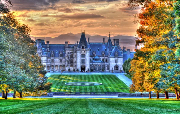 Autumn, the sun, clouds, trees, mountains, design, lawn, HDR