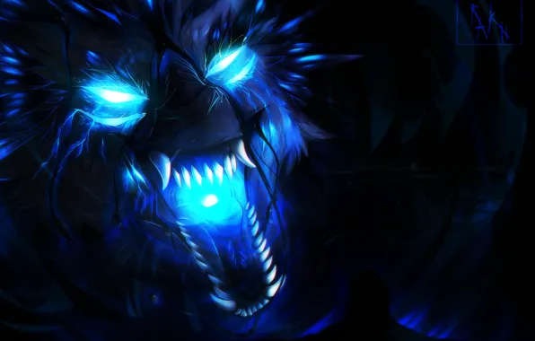 Picture face, wolf, predator, mouth, fangs, evil, horror, blue flame