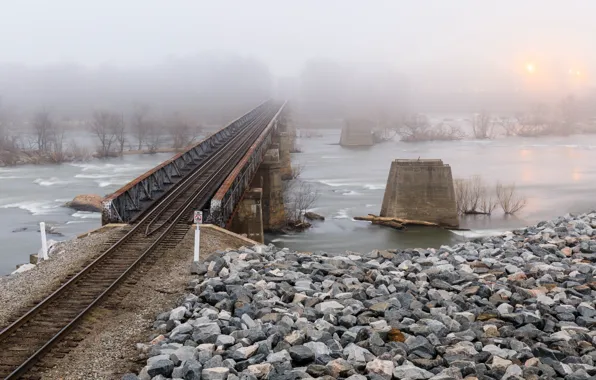 Bridge, fog, river, railroad