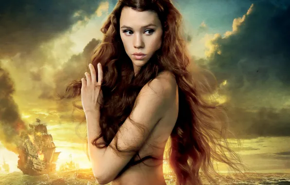 Picture sea, the sky, sunset, hair, ship, mermaid, beauty, Pirates of the Caribbean