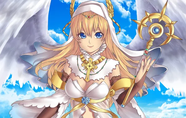 Picture chest, look, girl, smile, wings, angel, art, scepter