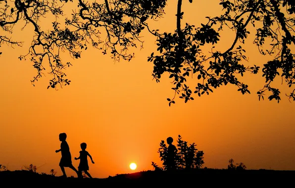 Picture the sky, trees, sunset, children, silhouette