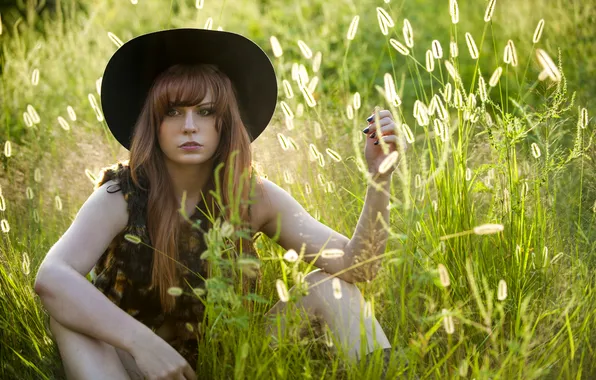 Picture field, grass, look, girl, hat, spikelets, boa