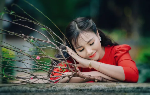 Girl, branches, face, smile, Asian, in red, closed eyes