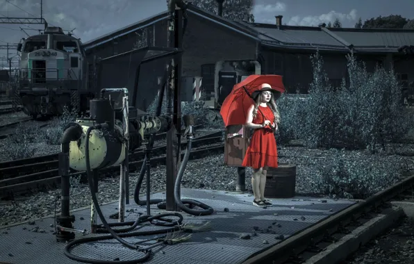 Girl, umbrella, railroad