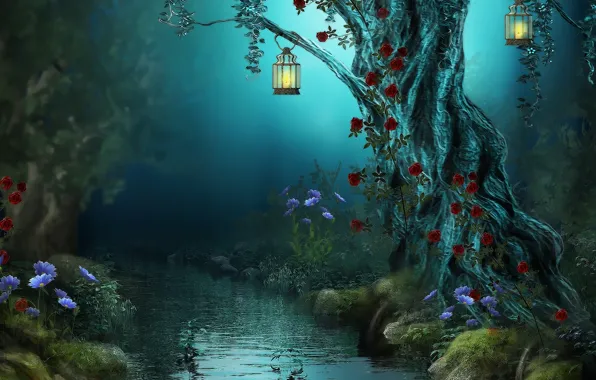 Forest, flowers, night, nature, river, stream, lamp, roses