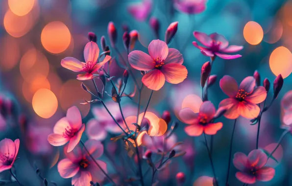 Flowers, glare, pink, bokeh, AI art, neural network