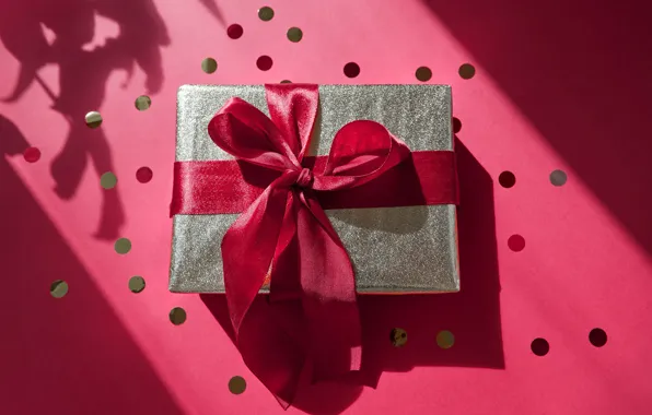 Light, red, box, gift, Christmas, New year, shadows, bow
