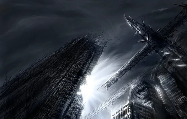 Figure, skyscraper, crane, destruction