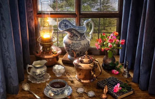 Flowers, style, tea, lamp, roses, bouquet, kettle, window