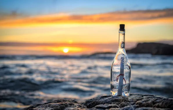 Picture sea, letter, sunset, bottle, message