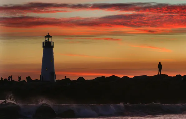 Picture sunset, people, lighthouse, Sea