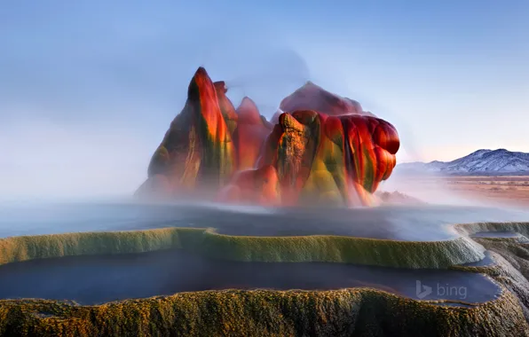 The sky, mountains, squirt, USA, Nevada, artificial, geyser, fly geyser