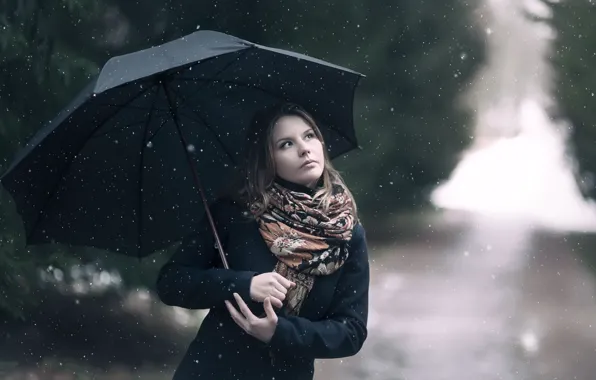 Picture girl, snow, umbrella, scarf, coat