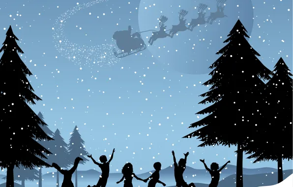 Picture Winter, Night, Snow, Children, Christmas, New year, Santa Claus, Deer