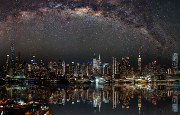 Lights, lights, river, beauty, skyscrapers, port, galaxy, night city