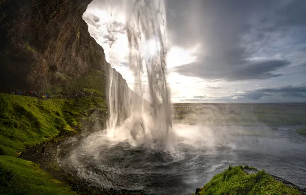 Picture mountains, waterfall, stream, Iceland, tourists