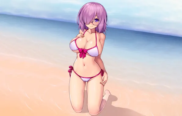 Girl, sexy, beach, sea, boobs, anime, beautiful, short hair