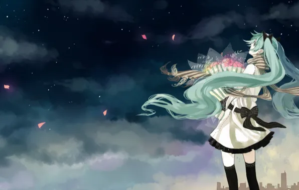 The sky, girl, clouds, flowers, night, the city, home, bouquet