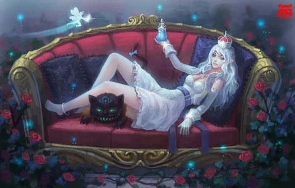 Cat, girl, sofa, crown, art, elf, white hair, lying