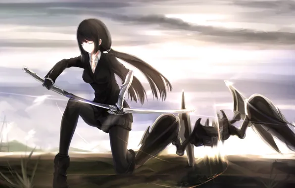 Picture the sky, girl, clouds, weapons, robot, katana, anime, art