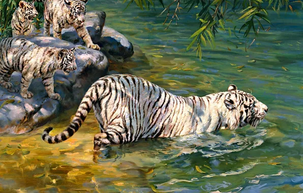 Picture painting, tigers, river, Donald Grant, albinos