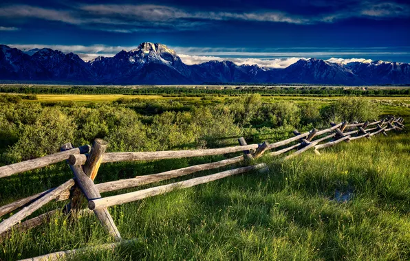 Grass, mountains, the fence, valley, puddle