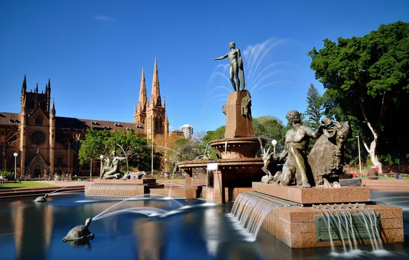 Picture the sky, trees, Park, Australia, fountain, Sydney, sculpture