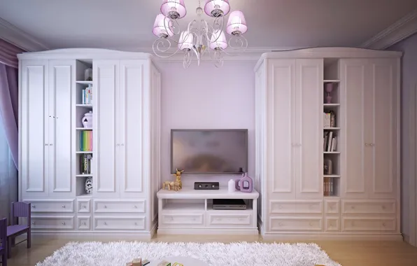 Design, room, TV, chandelier, children's, cabinets