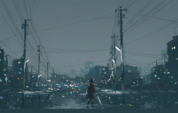 Road, lights, posts, wire, umbrella, puddle, lights, girl