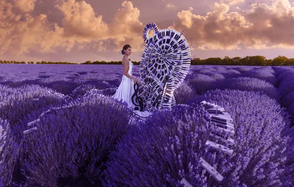 Summer, girl, nature, style, music, keys, white dress, lavender