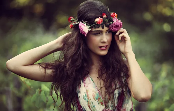 Picture girl, flowers, nature, pose, background, portrait, makeup, dress