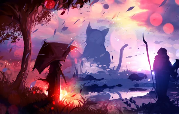 Cat, girl, nature, priest