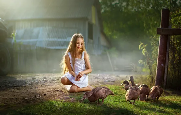 Summer, nature, house, duck, girl, child, Dmitry Usanin, Dmitry Yanin